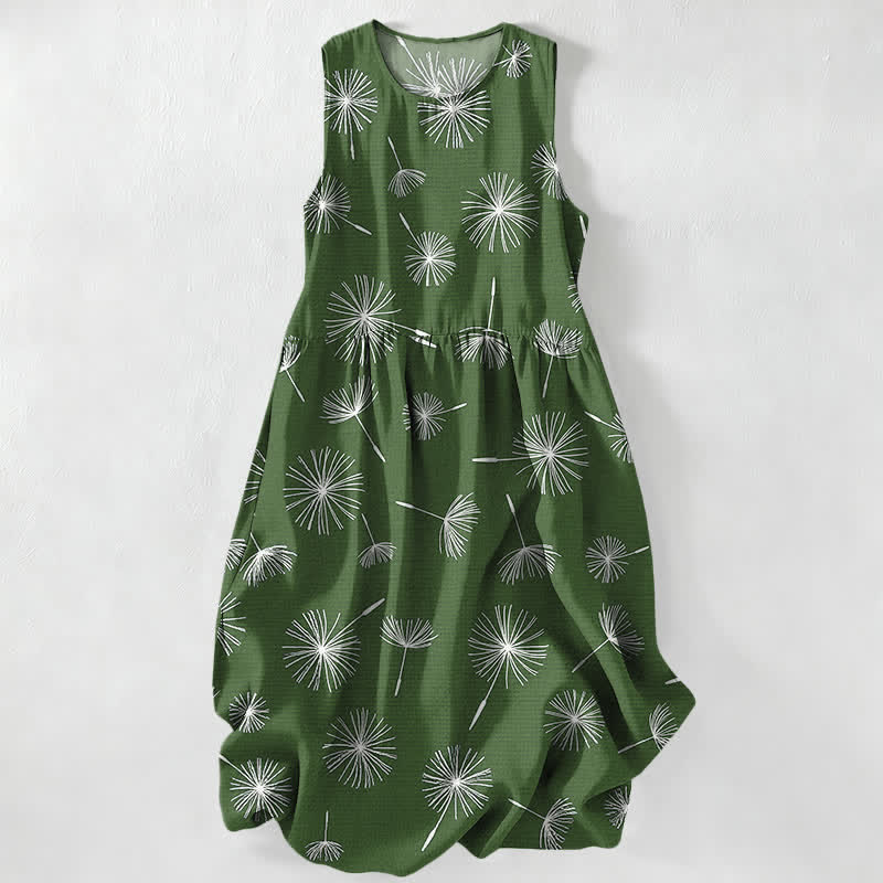 Nimara Ritual Summer Casual Dandelion Bloom Pattern Women's Summer Sleeveless Midi Dress With Pockets