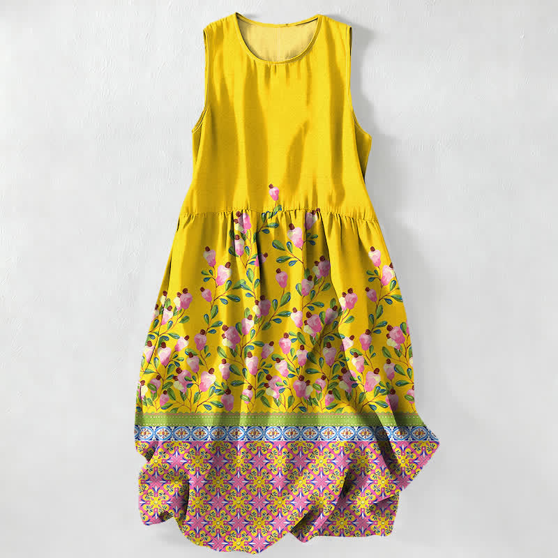 Nimara Ritual Summer Casual Floral Border Pattern Women's Summer Sleeveless Midi Dress With Pockets