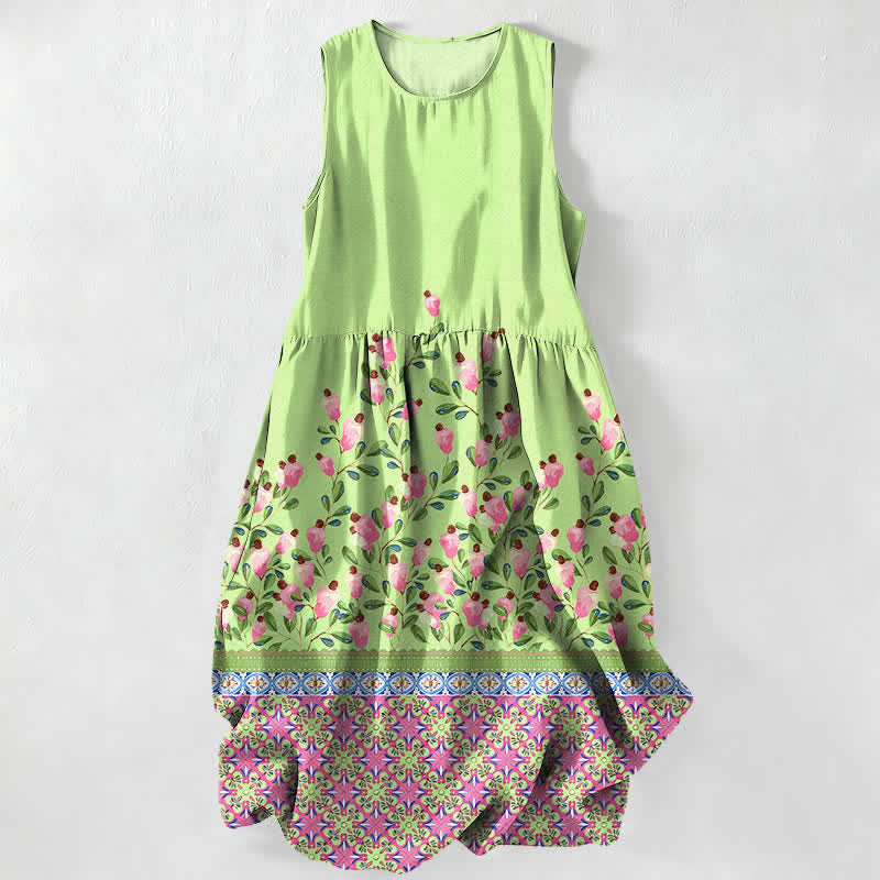 Nimara Ritual Summer Casual Floral Border Pattern Women's Summer Sleeveless Midi Dress With Pockets