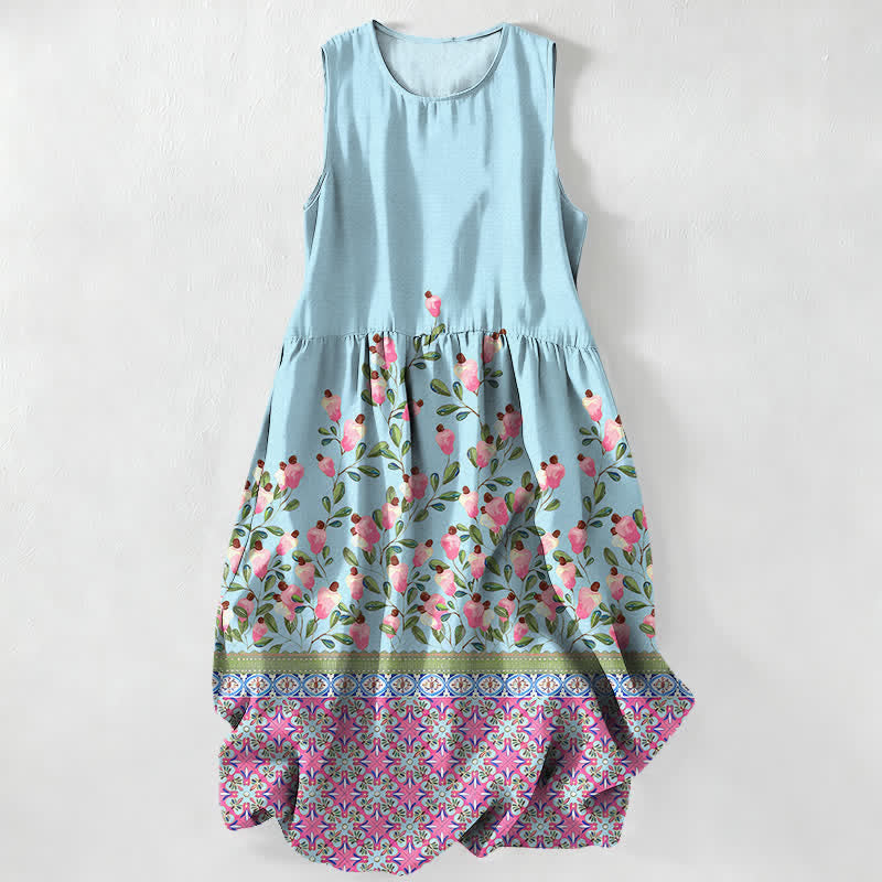 Nimara Ritual Summer Casual Floral Border Pattern Women's Summer Sleeveless Midi Dress With Pockets