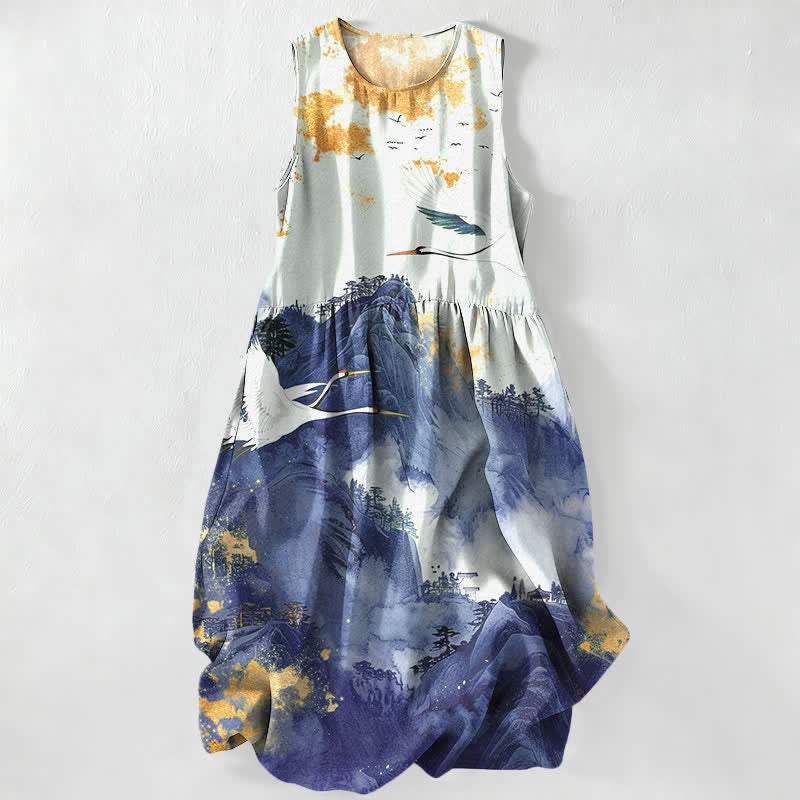 Nimara Ritual Summer Casual Ink Landscape Cranes Pattern Women's Summer Sleeveless Midi Dress With Pockets