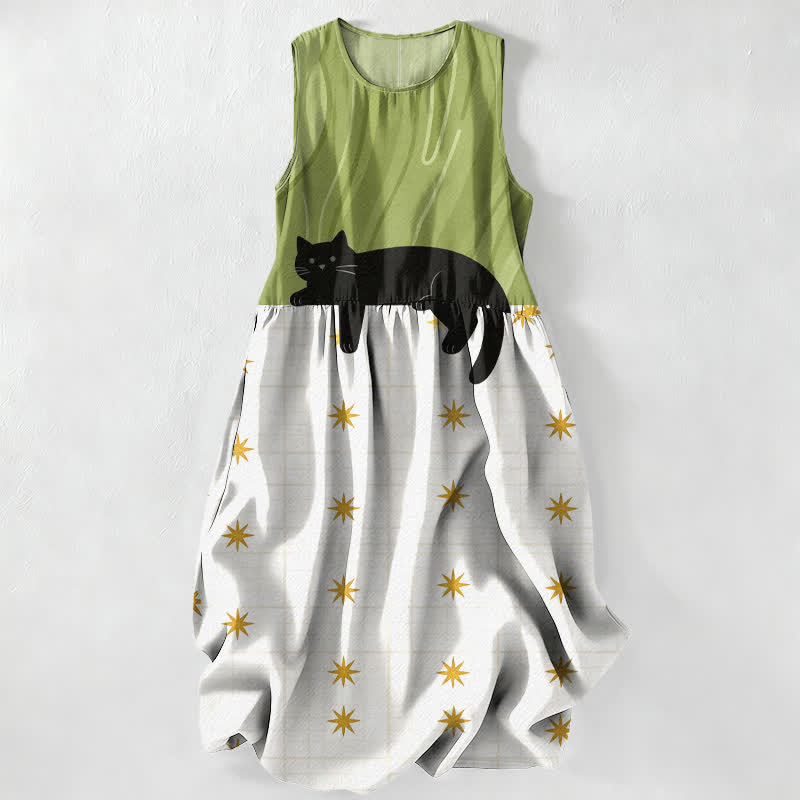 Nimara Ritual Summer Casual Black Cat Stars Pattern Women's Summer Sleeveless Midi Dress With Pockets