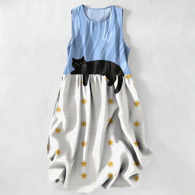 Nimara Ritual Summer Casual Black Cat Stars Pattern Women's Summer Sleeveless Midi Dress With Pockets