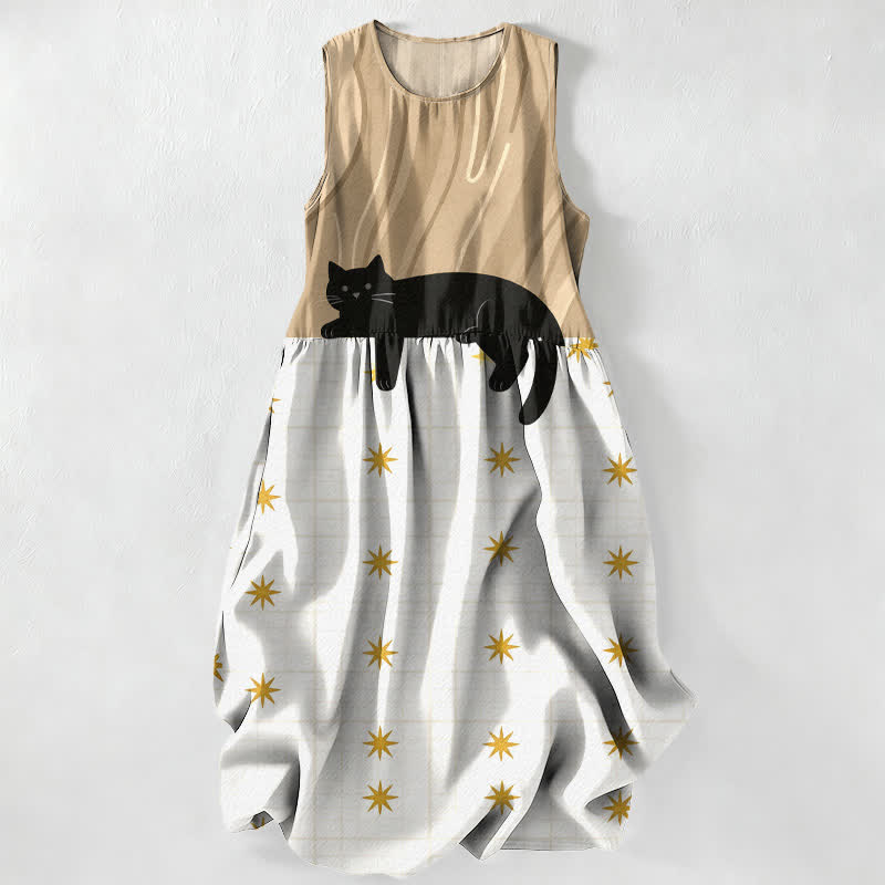Nimara Ritual Summer Casual Black Cat Stars Pattern Women's Summer Sleeveless Midi Dress With Pockets
