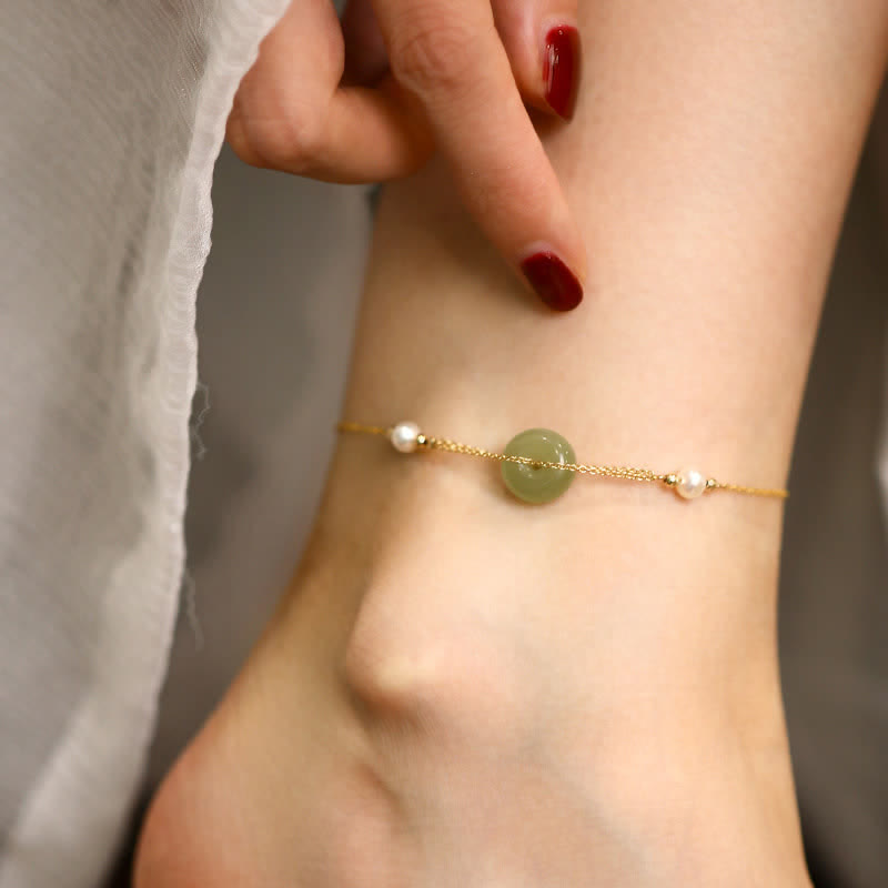 Nimara Ritual Hetian Jade Peace Buckle Pearl Safety Chain Anklet
