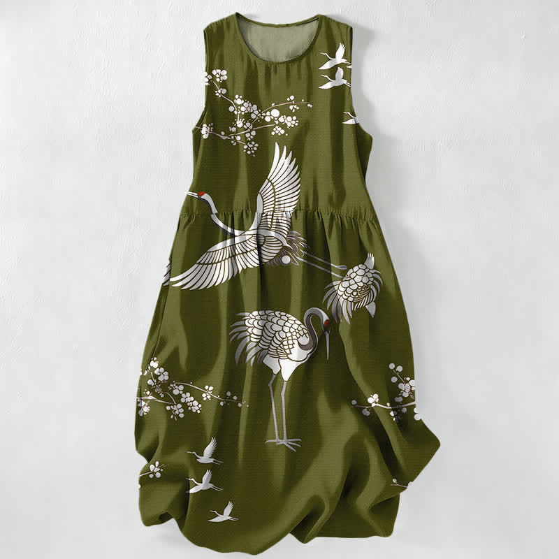 Nimara Ritual Summer Casual Crane Blossom Pattern Women's Summer Sleeveless Midi Dress With Pockets