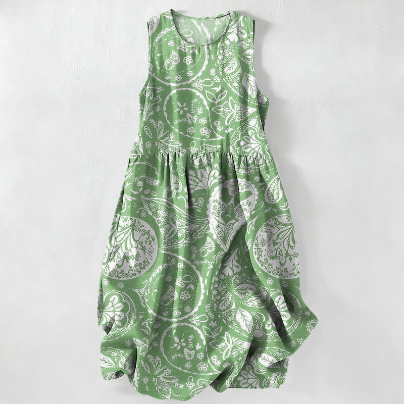 Nimara Ritual Summer Casual White Medallion Floral Pattern Women's Summer Sleeveless Midi Dress With Pockets