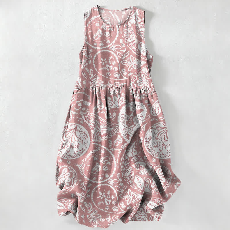 Nimara Ritual Summer Casual White Medallion Floral Pattern Women's Summer Sleeveless Midi Dress With Pockets