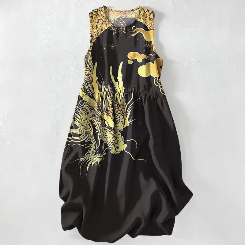 Nimara Ritual Summer Casual Golden Dragon Cloud Pattern Women's Summer Sleeveless Midi Dress With Pockets