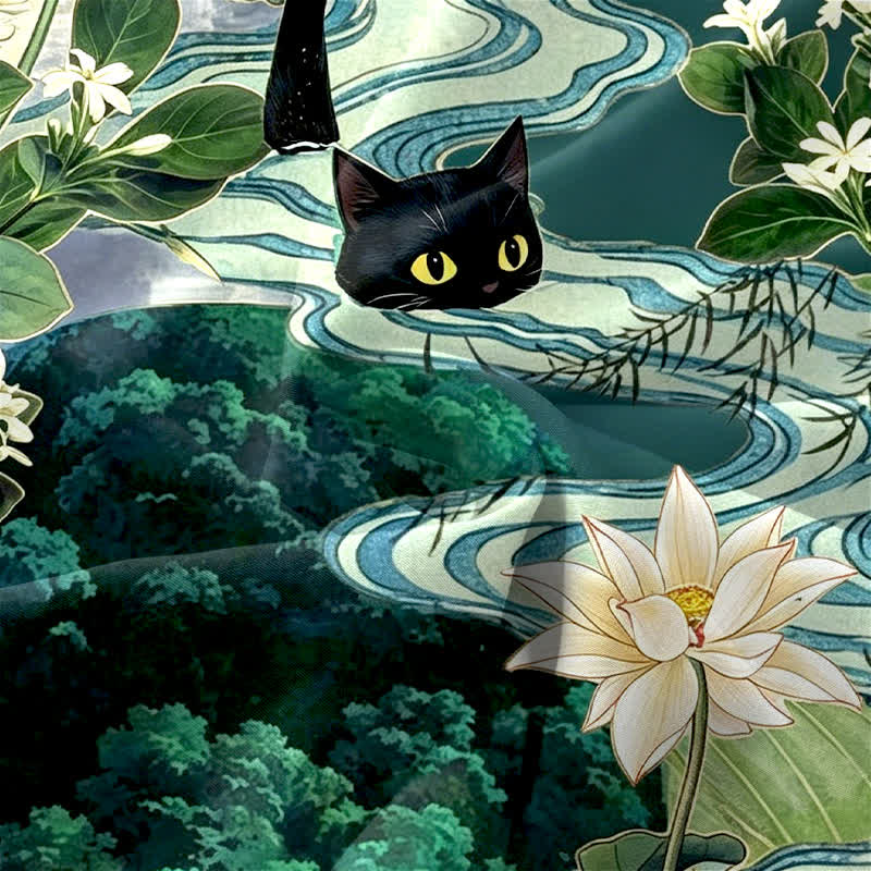 Nimara Ritual Summer Casual Lotus Black Cat Pattern Women's Summer Sleeveless Midi Dress With Pockets