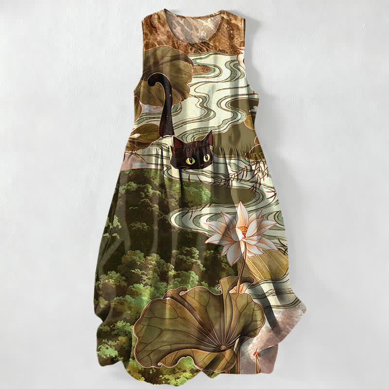 Nimara Ritual Summer Casual Lotus Black Cat Pattern Women's Summer Sleeveless Midi Dress With Pockets