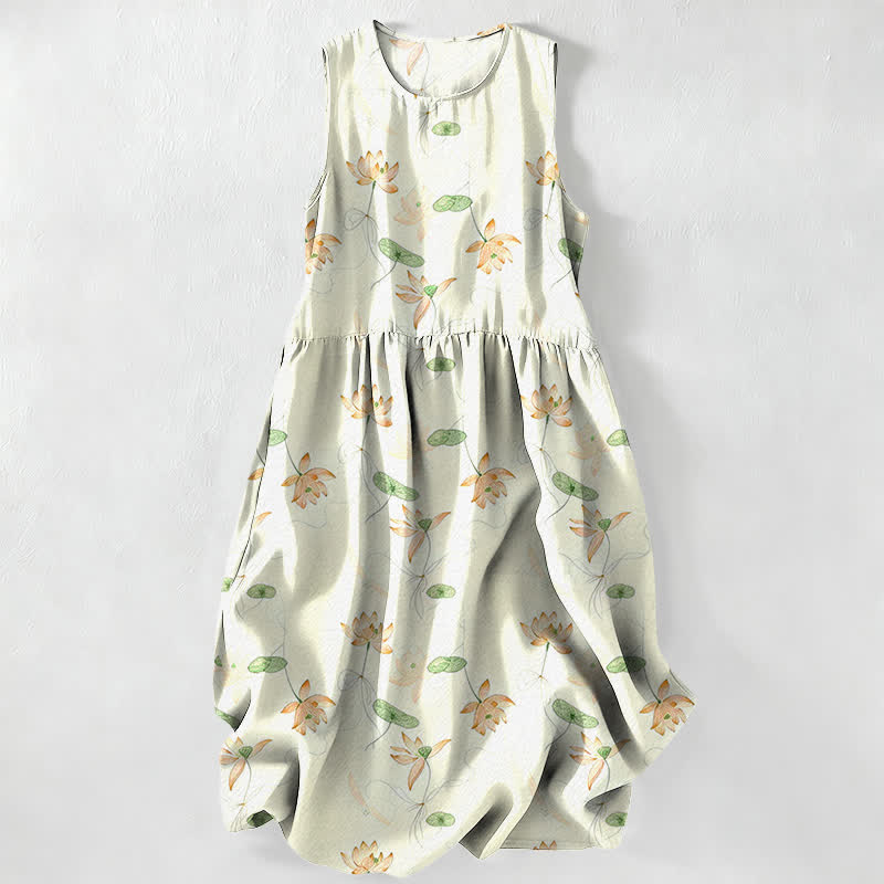 Nimara Ritual Summer Casual Lotus Leaves Pattern Women's Summer Sleeveless Midi Dress With Pockets
