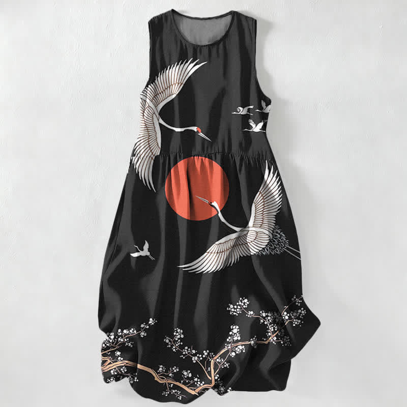 Nimara Ritual Summer Casual Crane Red Sun Pattern Women's Summer Sleeveless Midi Dress With Pockets