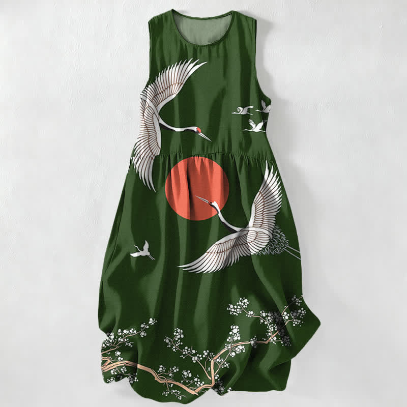 Nimara Ritual Summer Casual Crane Red Sun Pattern Women's Summer Sleeveless Midi Dress With Pockets