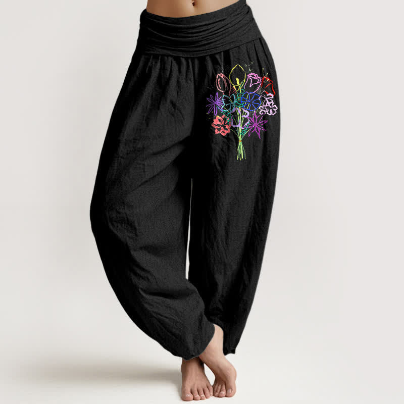 Nimara Ritual Pure Cotton Floral Bouquet Pattern Women's Elastic Waist Harem Pants