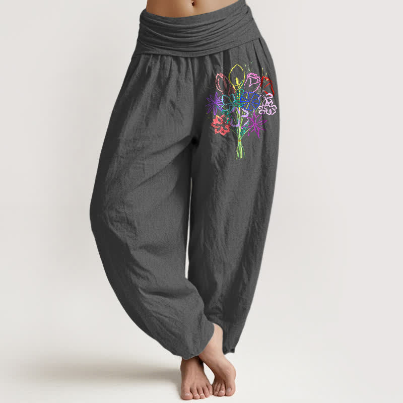 Nimara Ritual Pure Cotton Floral Bouquet Pattern Women's Elastic Waist Harem Pants