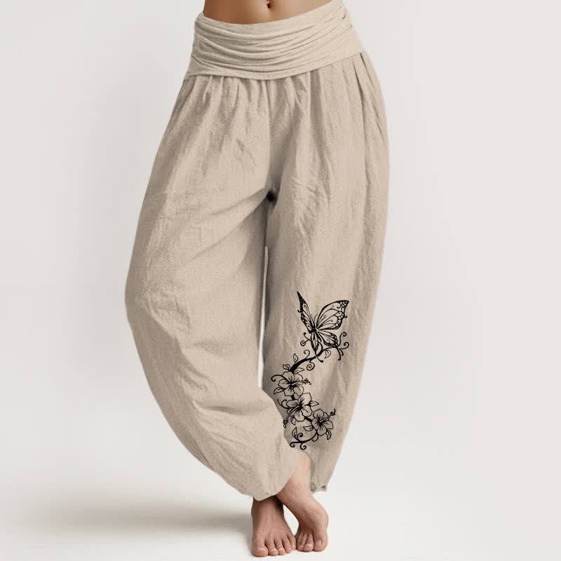 Nimara Ritual Pure Cotton Butterfly Floral Pattern Women's Elastic Waist Harem Pants