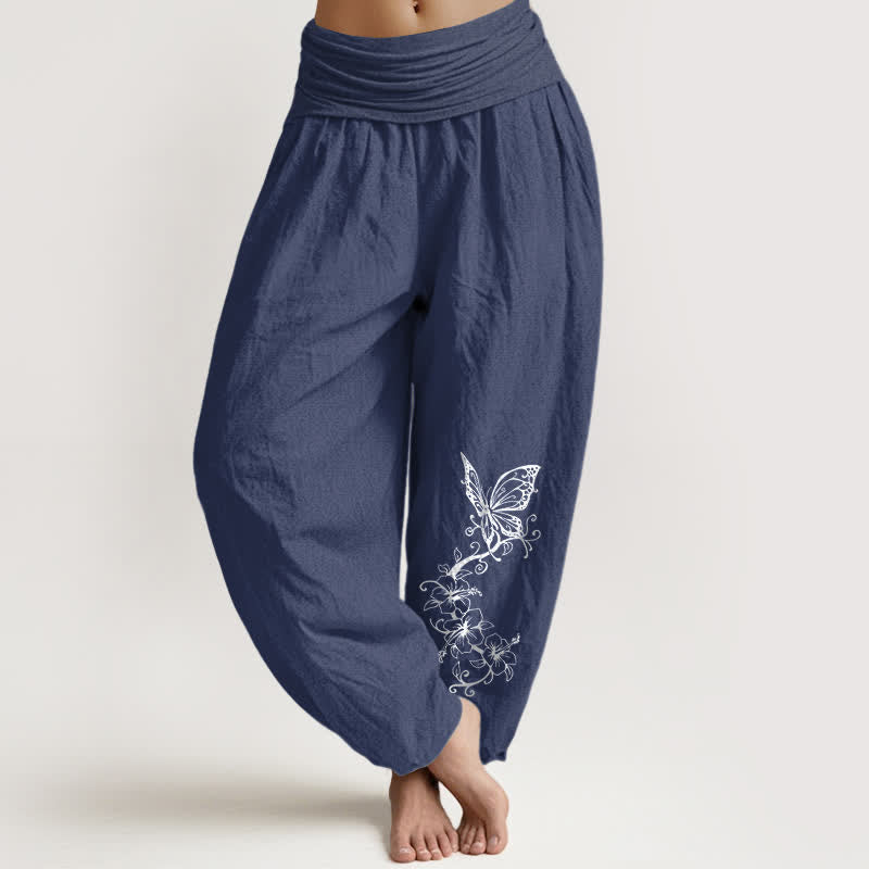 Nimara Ritual Pure Cotton Butterfly Floral Pattern Women's Elastic Waist Harem Pants