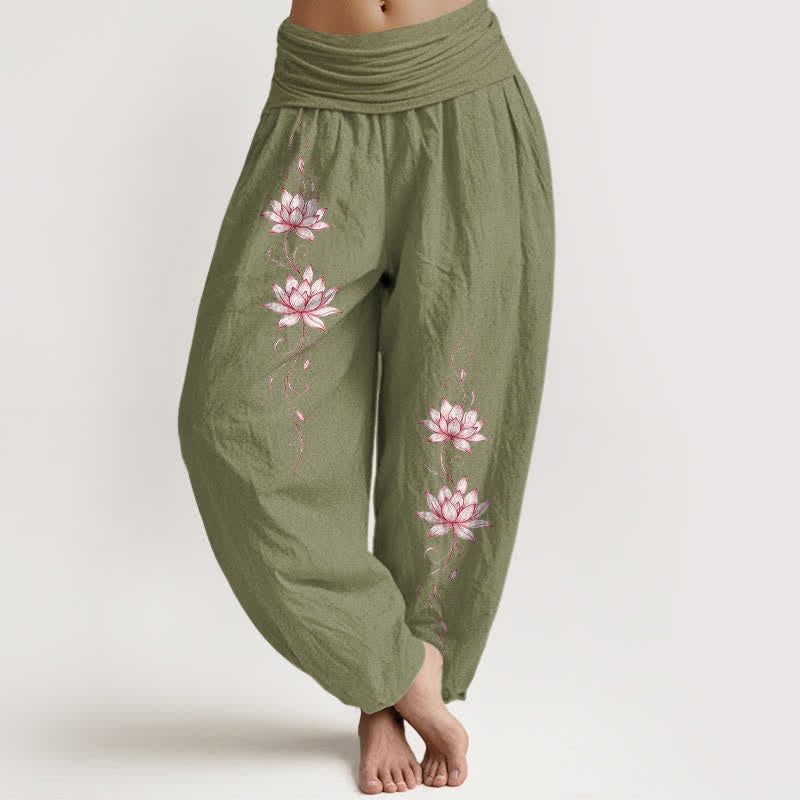 Nimara Ritual Pure Cotton Lotus Blossom Pattern Women's Elastic Waist Harem Pants