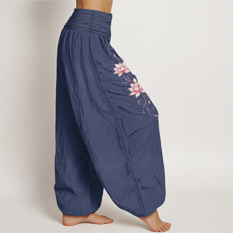 Nimara Ritual Pure Cotton Lotus Blossom Pattern Women's Elastic Waist Harem Pants