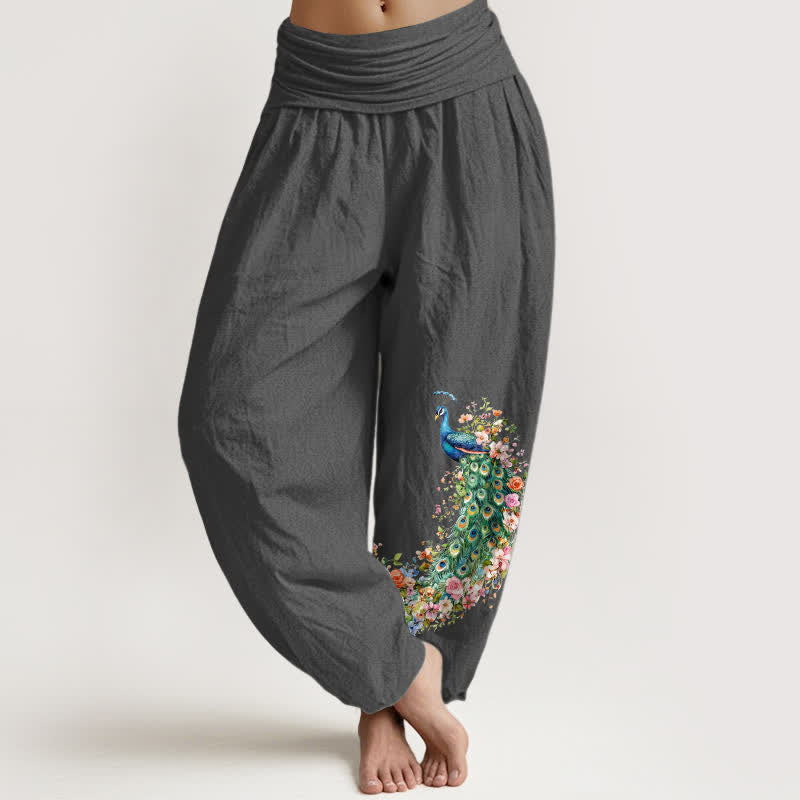 Nimara Ritual Pure Cotton Peacock Floral Pattern Women's Elastic Waist Harem Pants