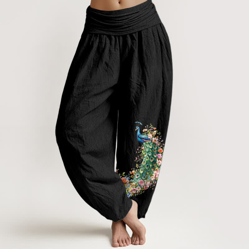 Nimara Ritual Pure Cotton Peacock Floral Pattern Women's Elastic Waist Harem Pants