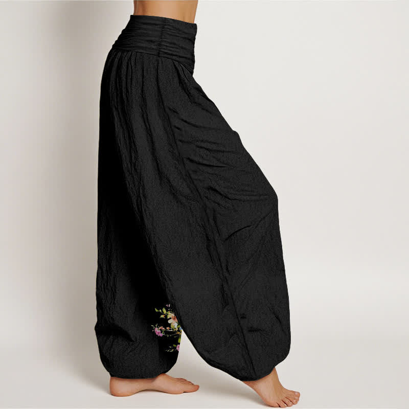 Nimara Ritual Pure Cotton Peacock Floral Pattern Women's Elastic Waist Harem Pants