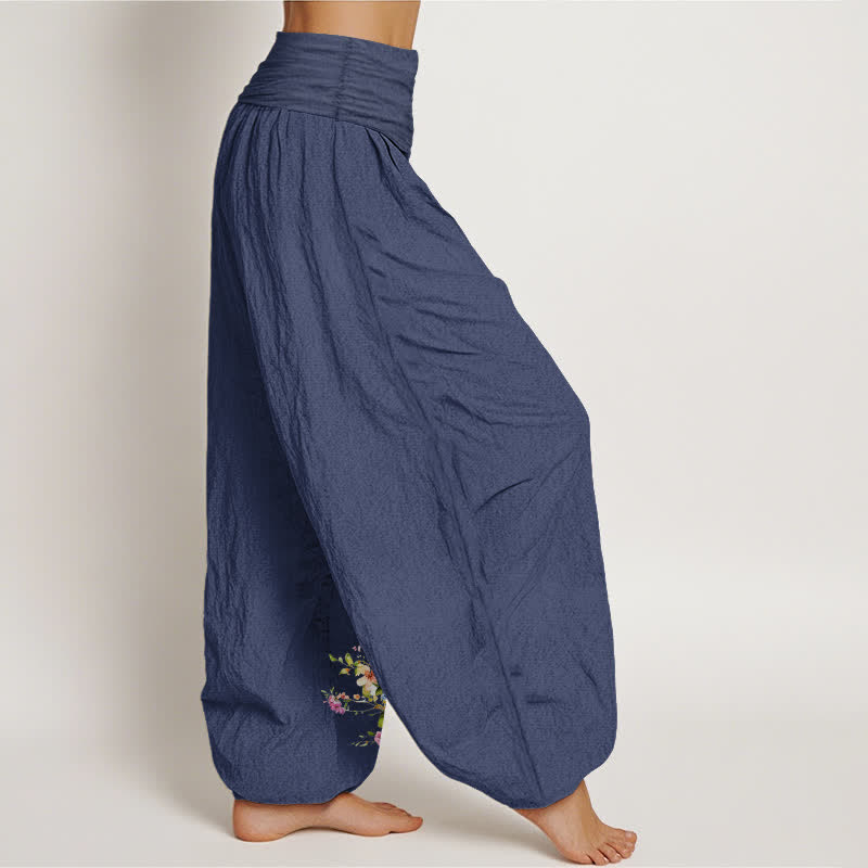 Nimara Ritual Pure Cotton Peacock Floral Pattern Women's Elastic Waist Harem Pants