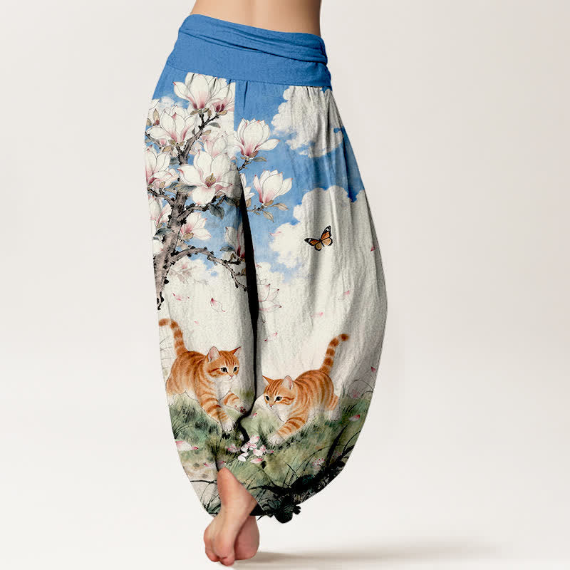 Nimara Ritual Pure Cotton Magnolia Orange Tabby Cats Pattern Women's Elastic Waist Harem Pants