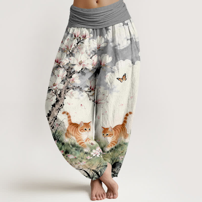 Nimara Ritual Pure Cotton Magnolia Orange Tabby Cats Pattern Women's Elastic Waist Harem Pants