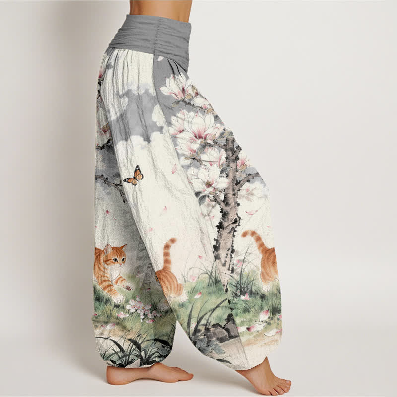 Nimara Ritual Pure Cotton Magnolia Orange Tabby Cats Pattern Women's Elastic Waist Harem Pants