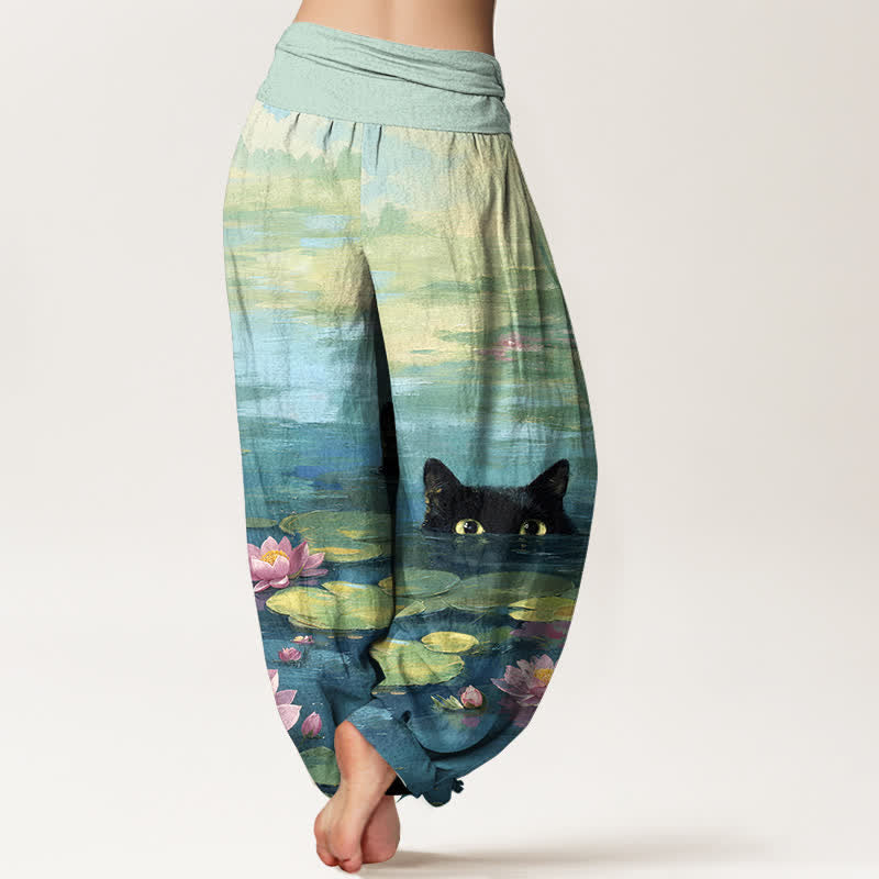 Nimara Ritual Cotton Lotus Pond Cat Pattern Women's Elastic Waist Harem Pants
