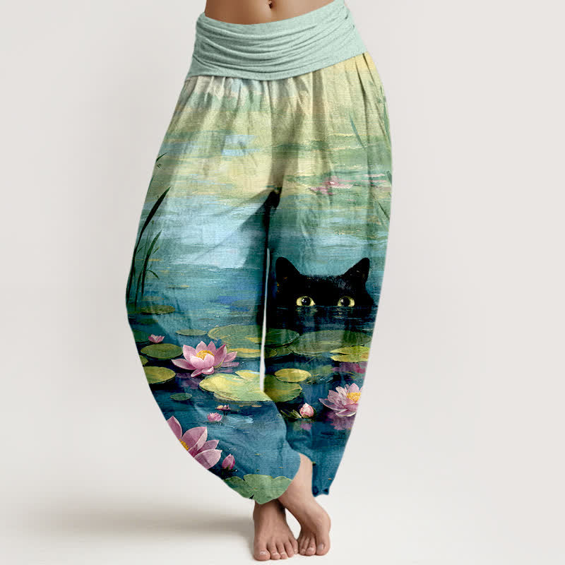 Nimara Ritual Cotton Lotus Pond Cat Pattern Women's Elastic Waist Harem Pants