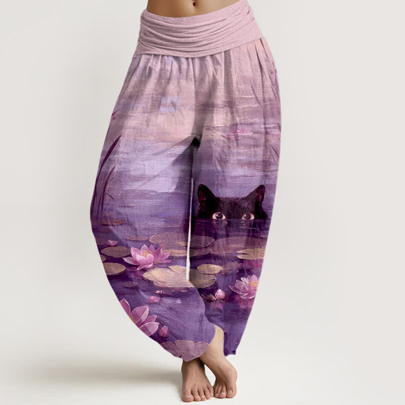 Nimara Ritual Cotton Lotus Pond Cat Pattern Women's Elastic Waist Harem Pants