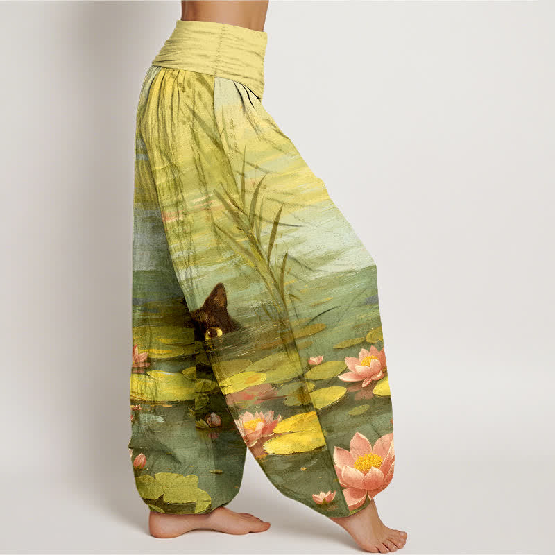 Nimara Ritual Cotton Lotus Pond Cat Pattern Women's Elastic Waist Harem Pants