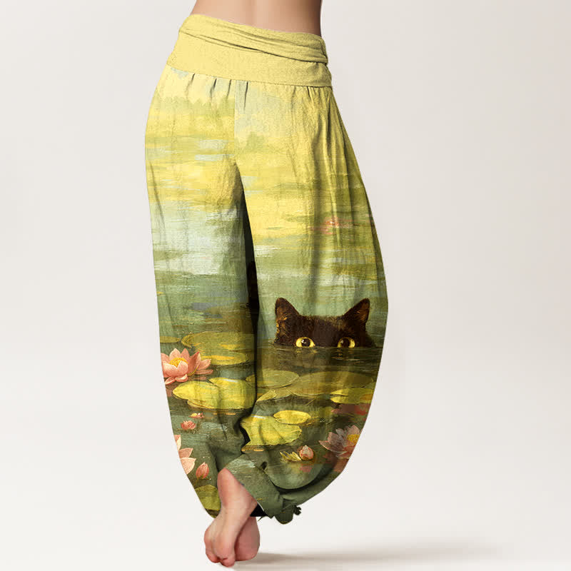 Nimara Ritual Cotton Lotus Pond Cat Pattern Women's Elastic Waist Harem Pants
