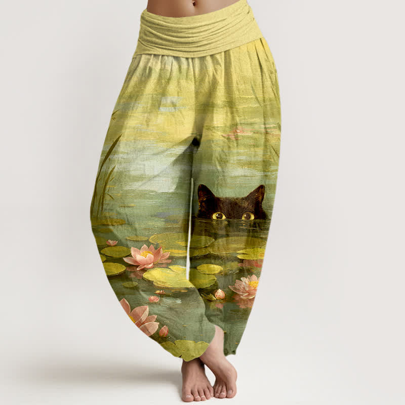 Nimara Ritual Cotton Lotus Pond Cat Pattern Women's Elastic Waist Harem Pants