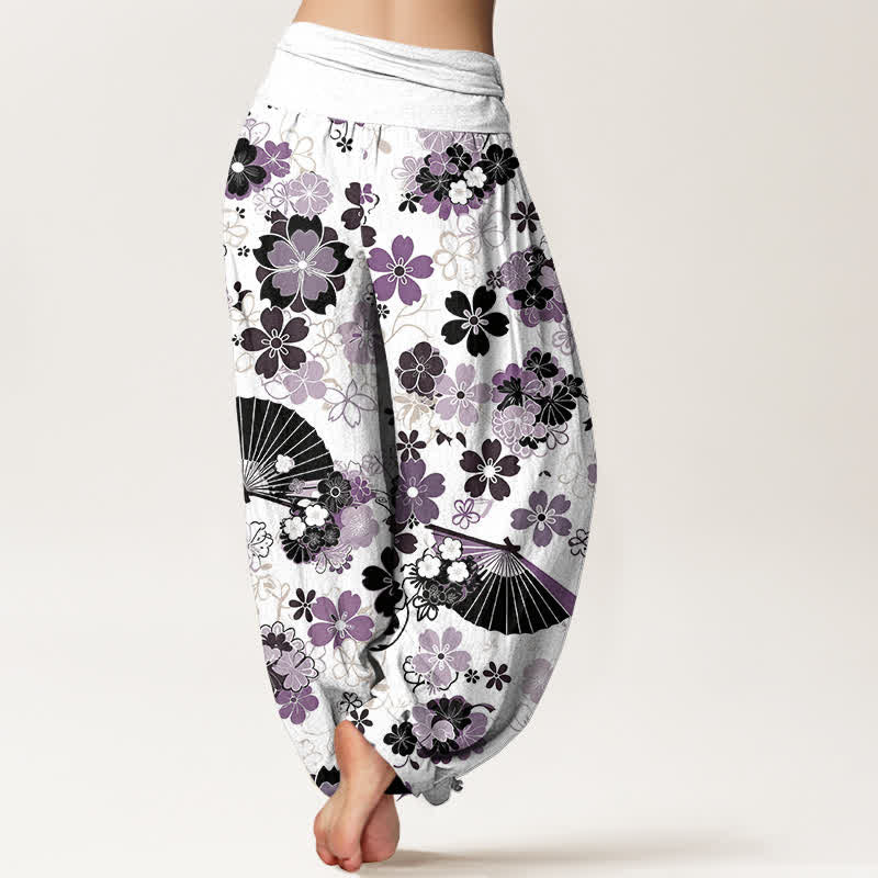 Nimara Ritual Cotton Cherry Blossoms Floral Fan Pattern Women's Elastic Waist Harem Pants