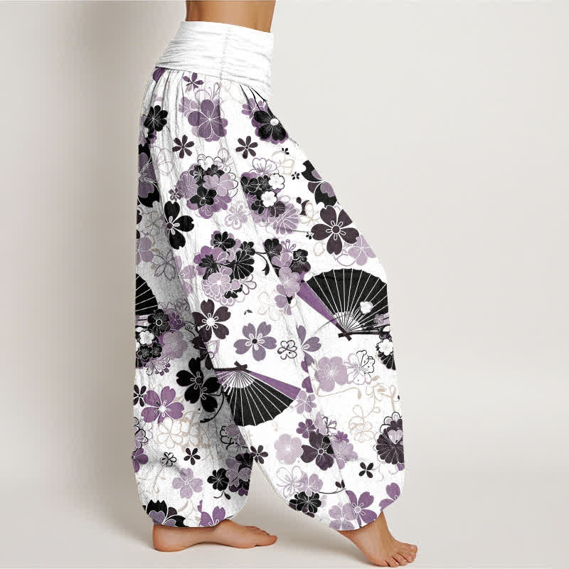 Nimara Ritual Cotton Cherry Blossoms Floral Fan Pattern Women's Elastic Waist Harem Pants