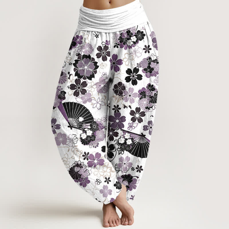 Nimara Ritual Cotton Cherry Blossoms Floral Fan Pattern Women's Elastic Waist Harem Pants
