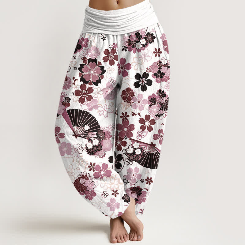 Nimara Ritual Cotton Cherry Blossoms Floral Fan Pattern Women's Elastic Waist Harem Pants