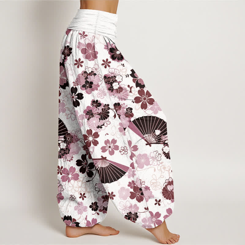 Nimara Ritual Cotton Cherry Blossoms Floral Fan Pattern Women's Elastic Waist Harem Pants