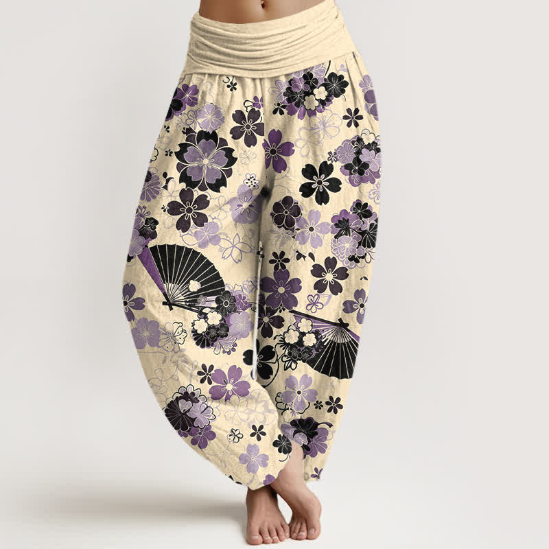 Nimara Ritual Cotton Cherry Blossoms Floral Fan Pattern Women's Elastic Waist Harem Pants