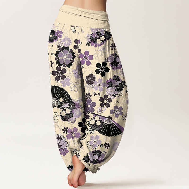 Nimara Ritual Cotton Cherry Blossoms Floral Fan Pattern Women's Elastic Waist Harem Pants
