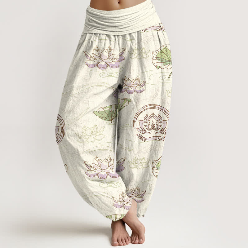 Nimara Ritual Cotton Lotus Ripple Pattern Women's Elastic Waist Harem Pants