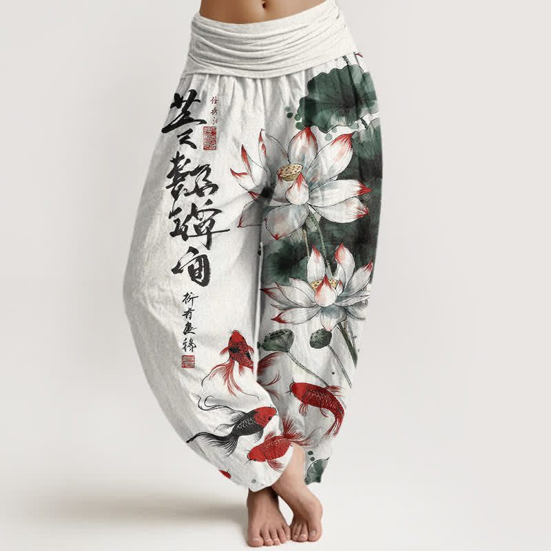 Nimara Ritual Cotton Lotus Red Koi Fish Ink Calligraphy Pattern Women's Elastic Waist Harem Pants