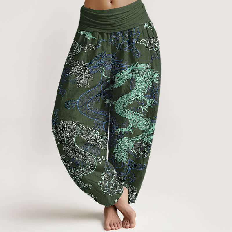 Nimara Ritual Cotton Azure Dragon Pattern Women's Elastic Waist Harem Pants