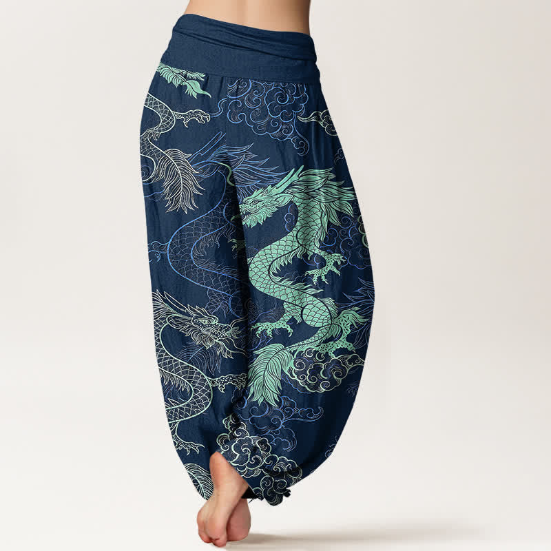 Nimara Ritual Cotton Azure Dragon Pattern Women's Elastic Waist Harem Pants