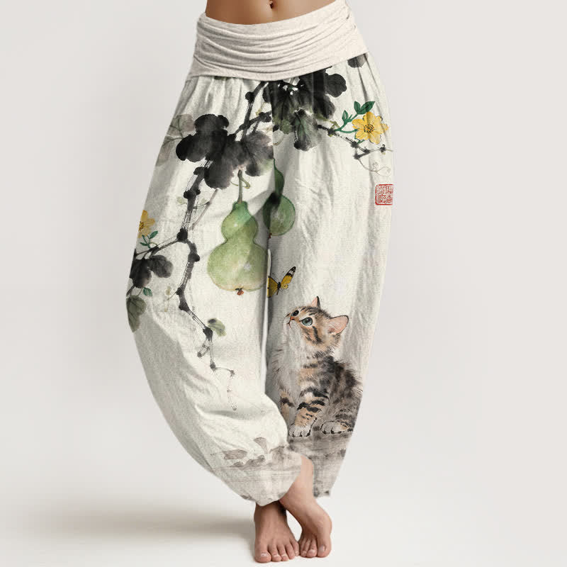 Nimara Ritual Cotton Ink Cat Gourd Pattern Women's Elastic Waist Harem Pants