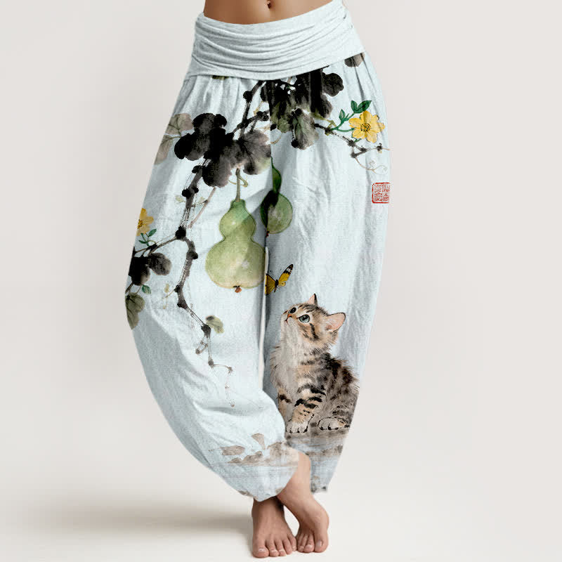Nimara Ritual Cotton Ink Cat Gourd Pattern Women's Elastic Waist Harem Pants